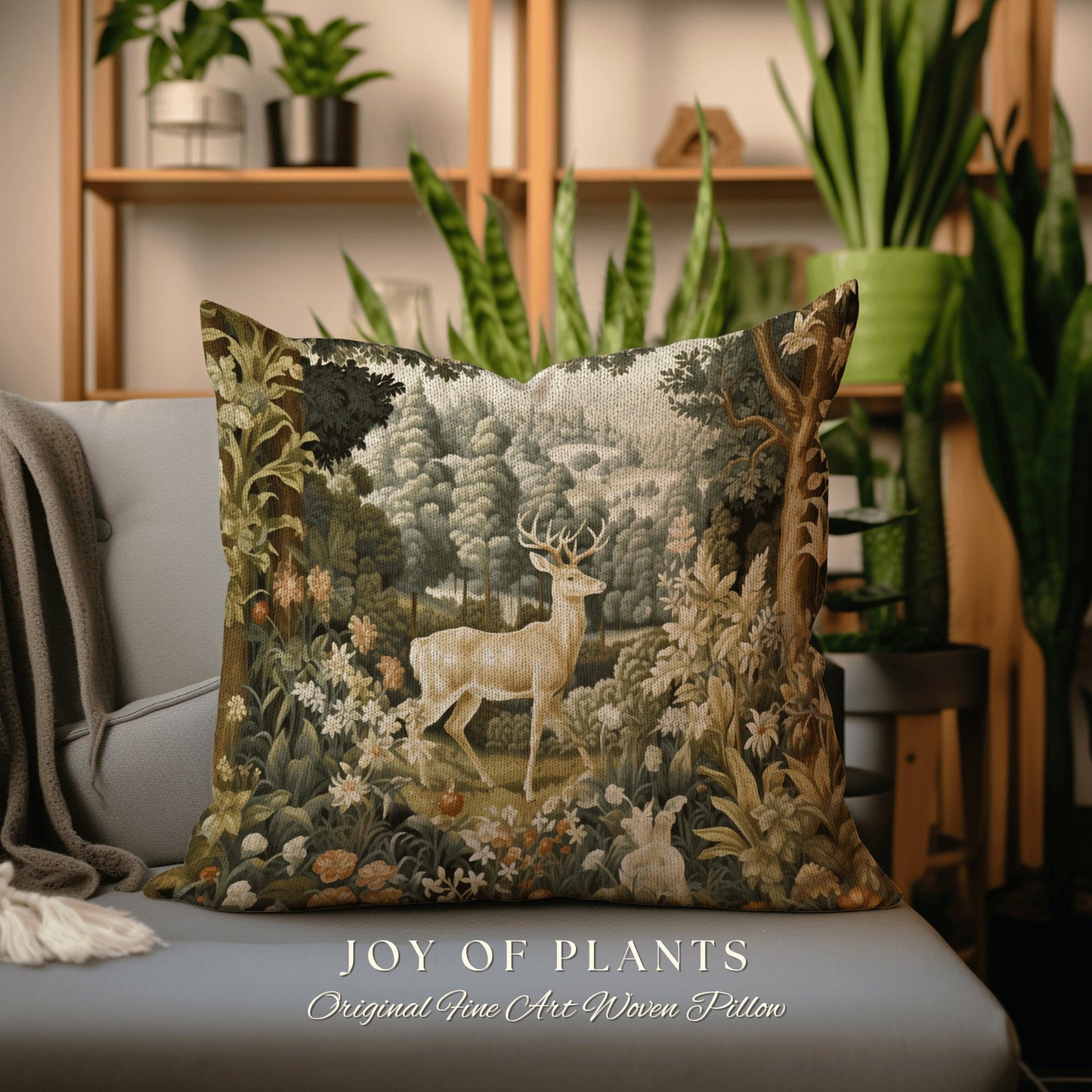 Mystic Meadow Deer Pillow | William Morris Inspired Woodland Fairycore Decor Cushion Maximalist Ornate Home Decor Throw Pillow Eclectic