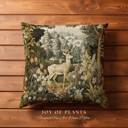 Mystic Meadow Deer Pillow | William Morris Inspired Woodland Fairycore Decor Cushion Maximalist Ornate Home Decor Throw Pillow Eclectic