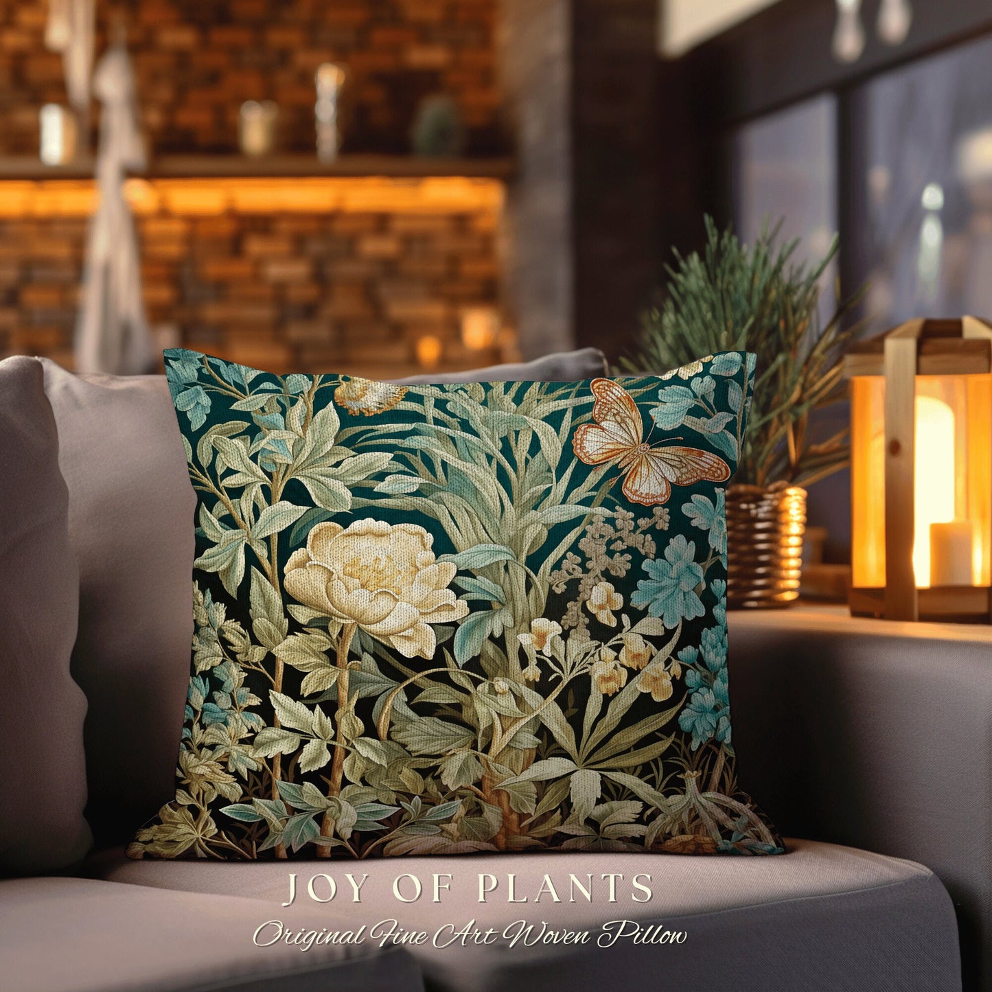 Botanical Butterfly Woodland Pillow | William Morris Inspired Forestcore Moth Aesthetic Cushion Maximalist Ornate Home Decor Throw Pillow |