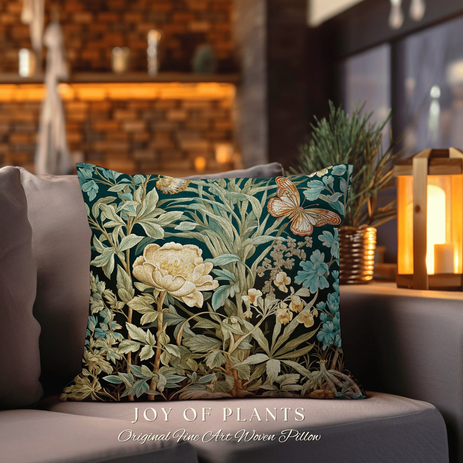 Botanical Butterfly Woodland Pillow | William Morris Inspired Forestcore Moth Aesthetic Cushion Maximalist Ornate Home Decor Throw Pillow |