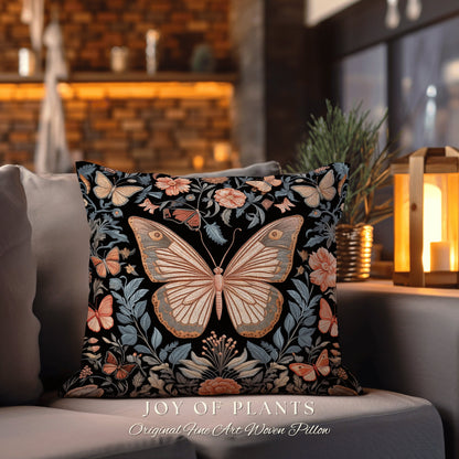 Celestial Butterfly Accent Pillow | William Morris Inspired Forestcore Moth Aesthetic Cushion Maximalist Ornate Home Decor Housewarming Gift