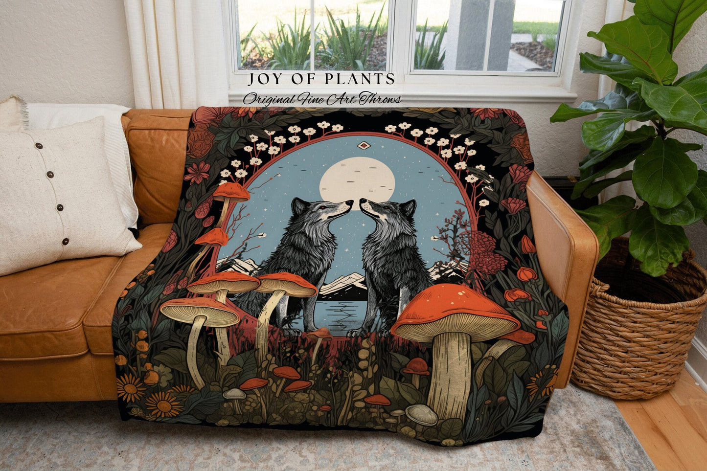 Mushroom Aesthetic Wolf Blanket | Outdoorsy Gift Wolf Couple Nordic Blanket Medieval Aesthetic Cottagecore Tarot Throw Unique Tapestry