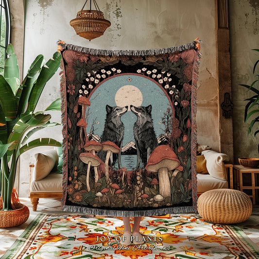 Mushroom Aesthetic Wolf Blanket | Outdoorsy Gift Wolf Couple Nordic Blanket Medieval Aesthetic Cottagecore Tarot Throw Unique Tapestry