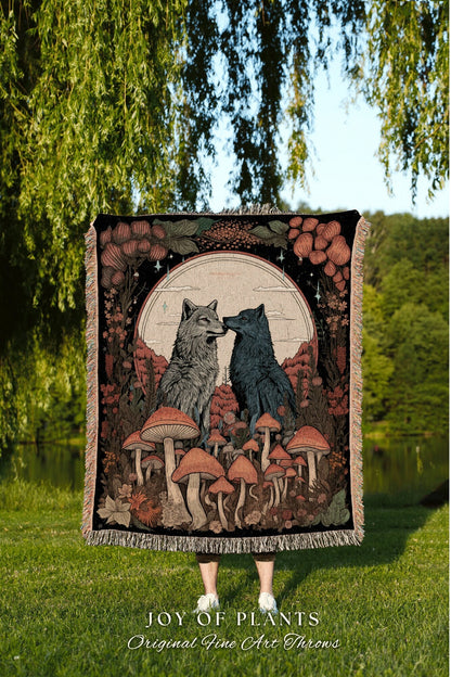 Wolf Couple Mushroom Throw Blanket | Cottagecore Gift for Wolf Lover Nordic Aesthetic Nordic Blanket Medieval Style Nordic Throw Forestcore