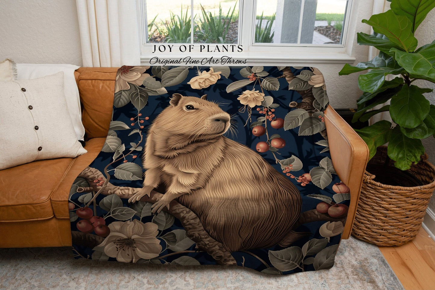 Cute Capybara Floral Woven Blanket | Pastel Aesthetic Whimsical Tapestry Woven Mystical Book Nook Gift for Reader Cute Woodland Throw Cozy