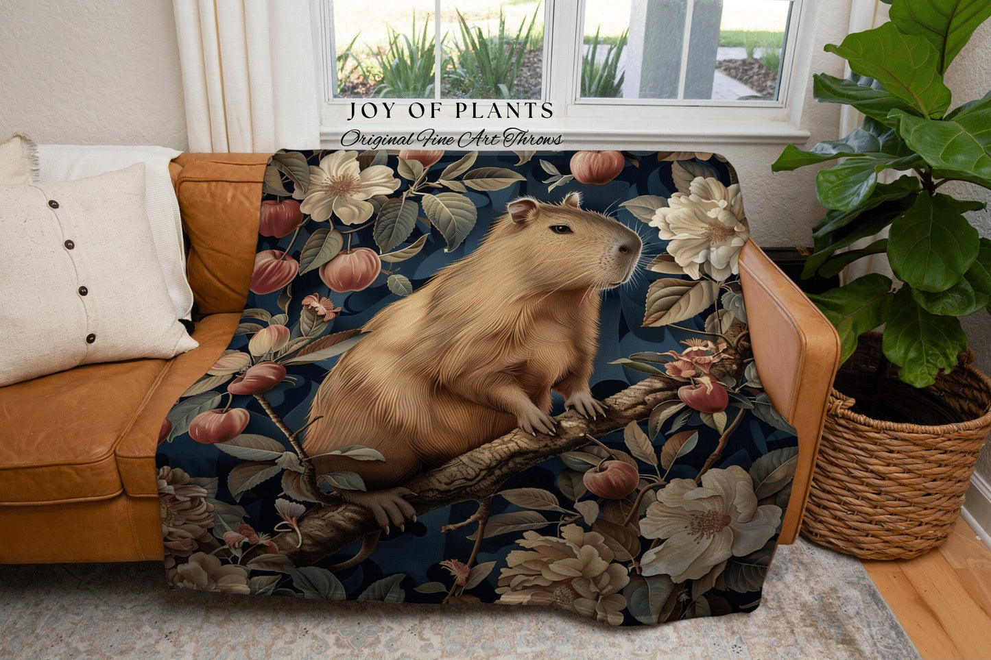 Victorian Floral Capybara Blanket | Pastel Aesthetic Whimsical Tapestry Woven Mystical Book Nook Gift For Reader Cute Woodland Throw Cozy