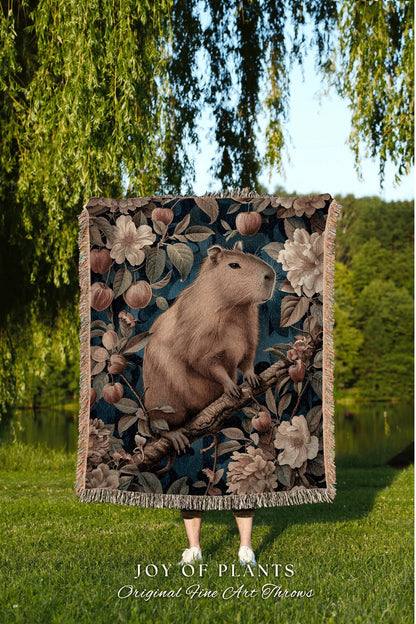 Victorian Floral Capybara Blanket | Pastel Aesthetic Whimsical Tapestry Woven Mystical Book Nook Gift For Reader Cute Woodland Throw Cozy