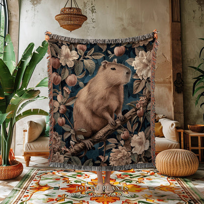 Victorian Floral Capybara Blanket | Pastel Aesthetic Whimsical Tapestry Woven Mystical Book Nook Gift For Reader Cute Woodland Throw Cozy