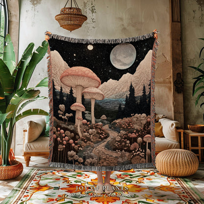 Celestial Mushroom Landscape Tapestry | Cottagecore Fairytale Blanket Mystical Room Decor Mushroomcore Whimsical Gift for Mushroom Lover