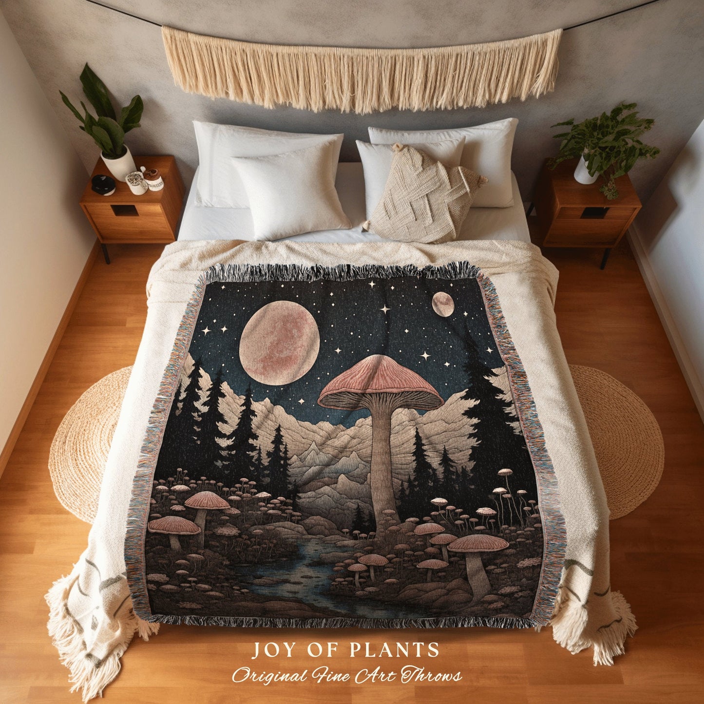 Fairytale Fungi Woven Tapestry | Cottagecore Folklore Blanket Ethereal Room Decor Celestial Throw Whimsical Gift for Mushroom Lover Wall Art