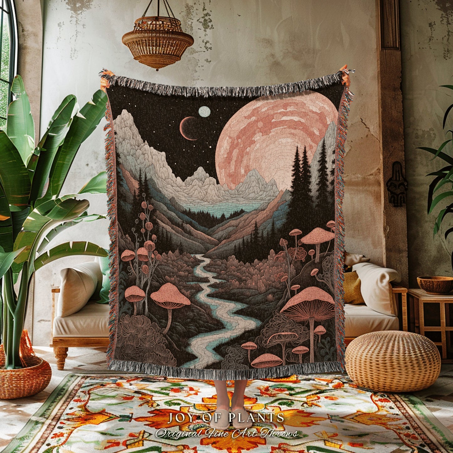 Cozy Throw Blanket Mystic Landscape | Ethereal Aesthetic Art Folklore Blanket Bedroom Decor Celestial Throw Whimsigoth Mushroom Lover Gift