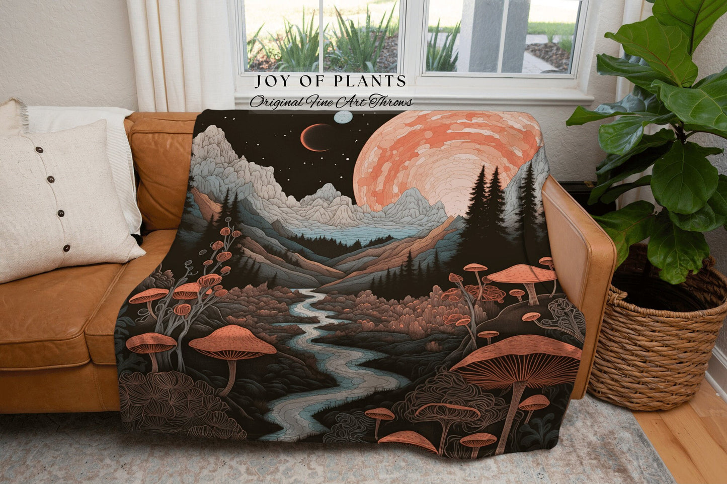 Cozy Throw Blanket Mystic Landscape | Ethereal Aesthetic Art Folklore Blanket Bedroom Decor Celestial Throw Whimsigoth Mushroom Lover Gift