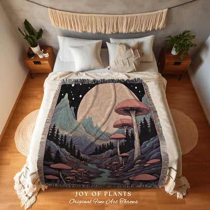 Retro Mushroom Woven Throw Blanket | Cottagecore Folklore Blanket Ethereal Room Decor Celestial Throw Whimsical Gift for Mushroom Tapestry |