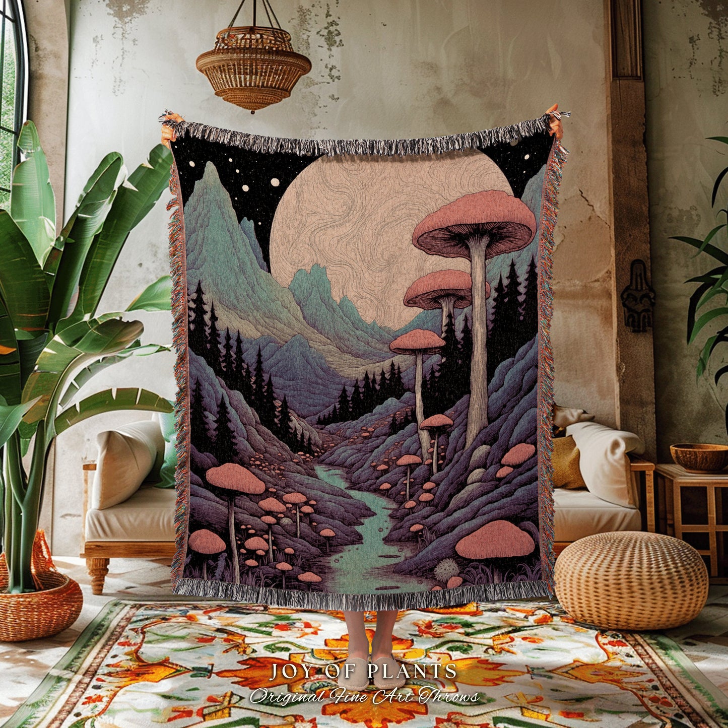 Retro Mushroom Woven Throw Blanket | Cottagecore Folklore Blanket Ethereal Room Decor Celestial Throw Whimsical Gift for Mushroom Tapestry |