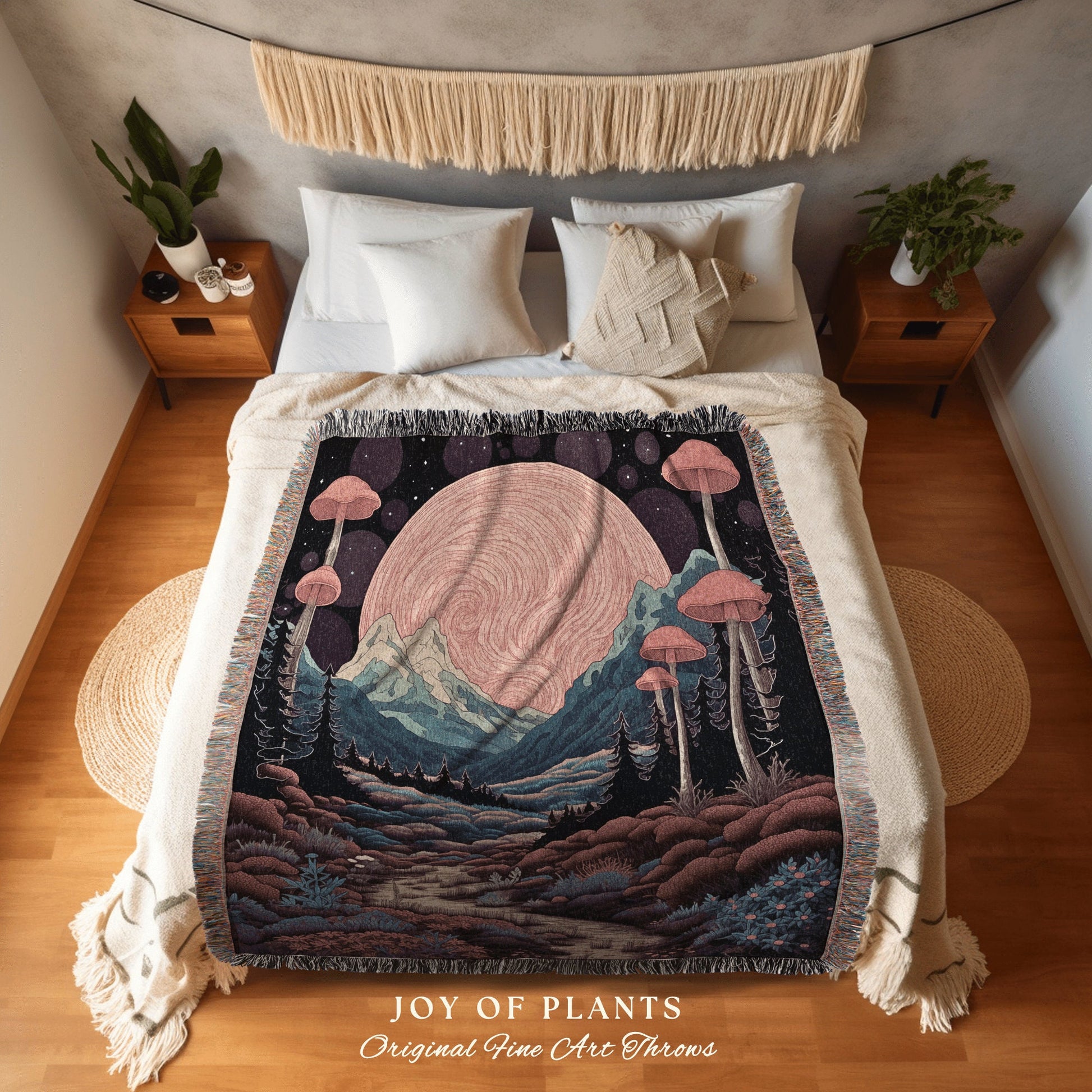 Magical Aesthetic Woven Blanket | Cottagecore Folklore Blanket Ethereal Room Decor Celestial Throw Whimsical Gift for Mushroom Tapestry |