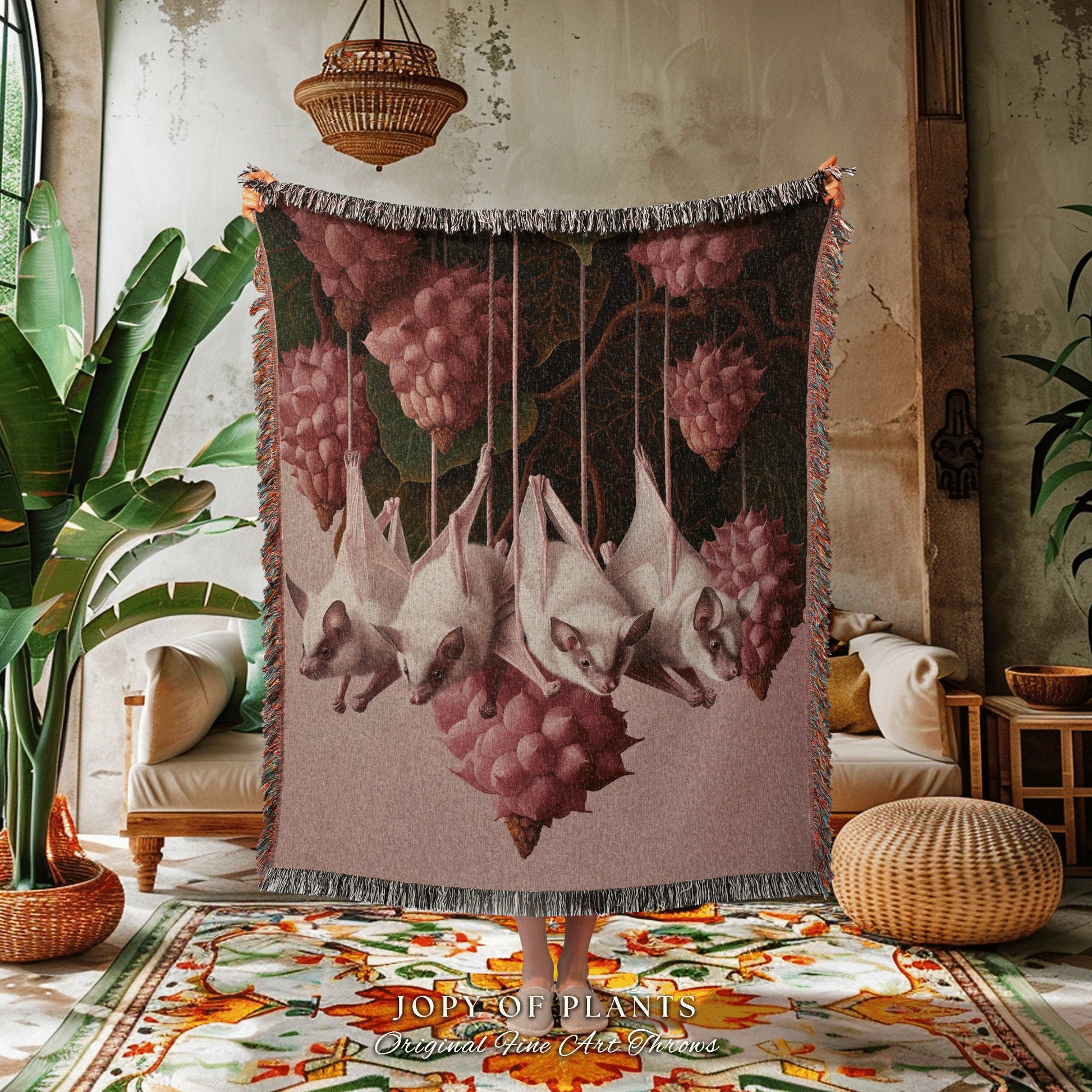 Pastel Gothic Bat Tapestry Woven | Dark Academia Bedroom Decor Pink Tapestry Woven Throw Blanket Whimsigoth Bat Dark Cottagecore Wall Art