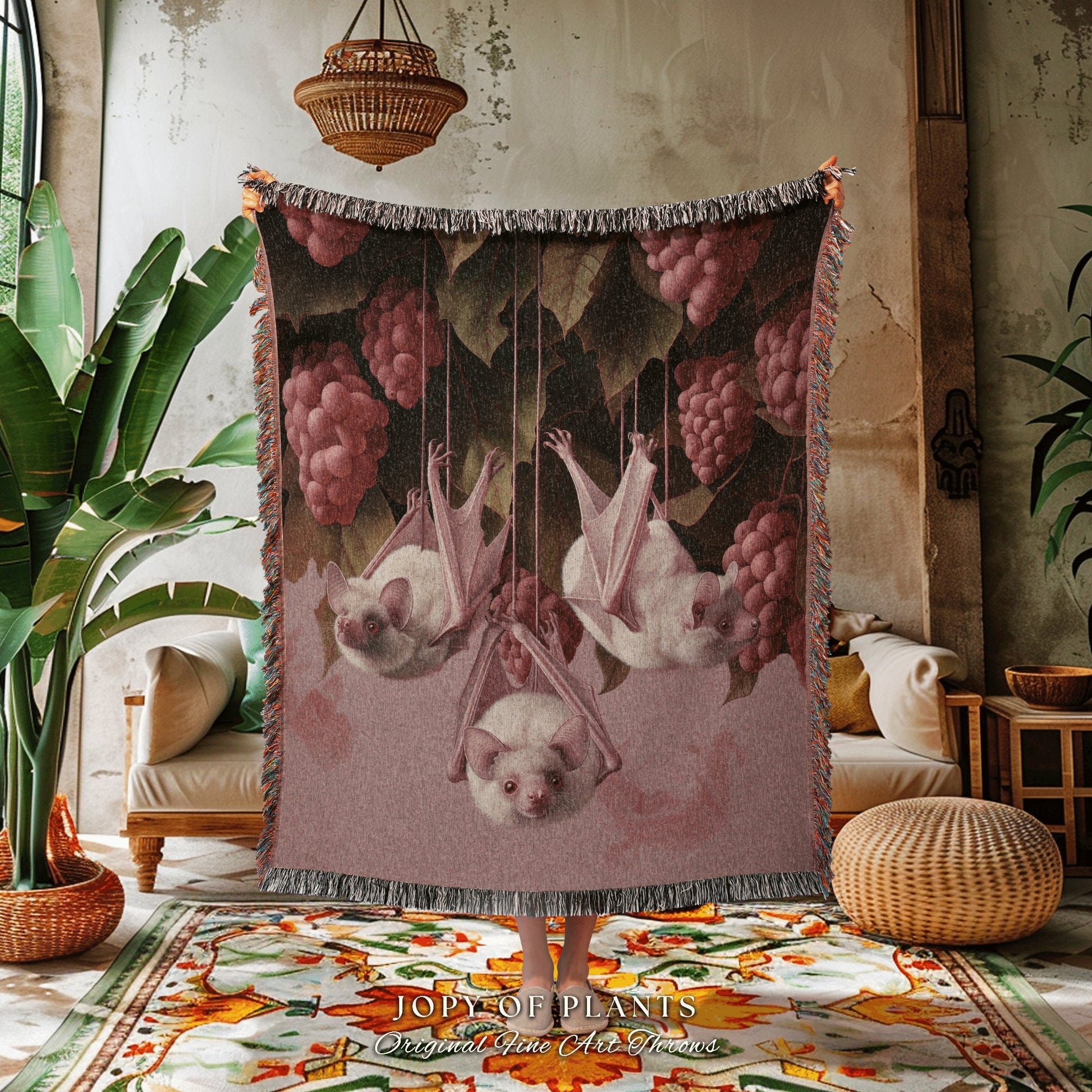 Light Academia Pink Bat Blanket | Gothic Bedroom Decor Pink Tapestry Woven Throw Blanket Whimsigoth Bat Dark Cottagecore Tapestry Whimsical