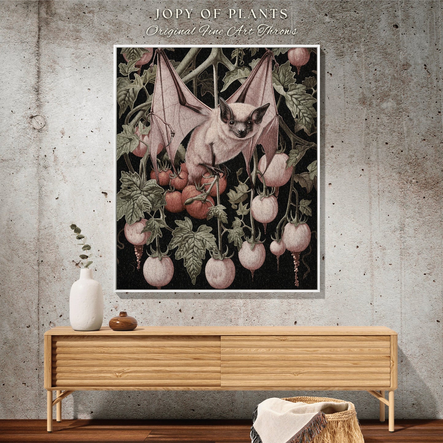 Dark Botanical Fruit Bat Woven Blanket | Gothic Bedroom Decor Pink Tapestry Woven Throw Blanket Whimsigoth Bat Dark Cottagecore Wall Art |