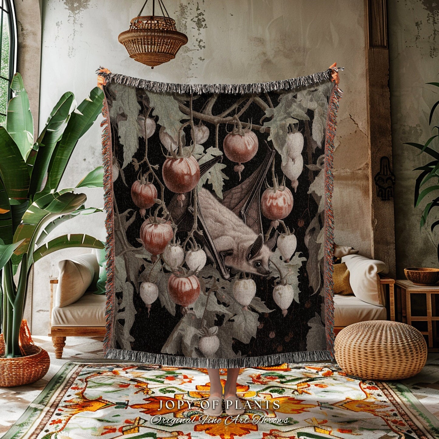 Cozy Botanical Gothic Bat Throw | Pastel Goth Fairy Grunge Bedroom Decor Pink Tapestry Woven Throw Blanket Whimsigoth Fruit Bat Tapestry |