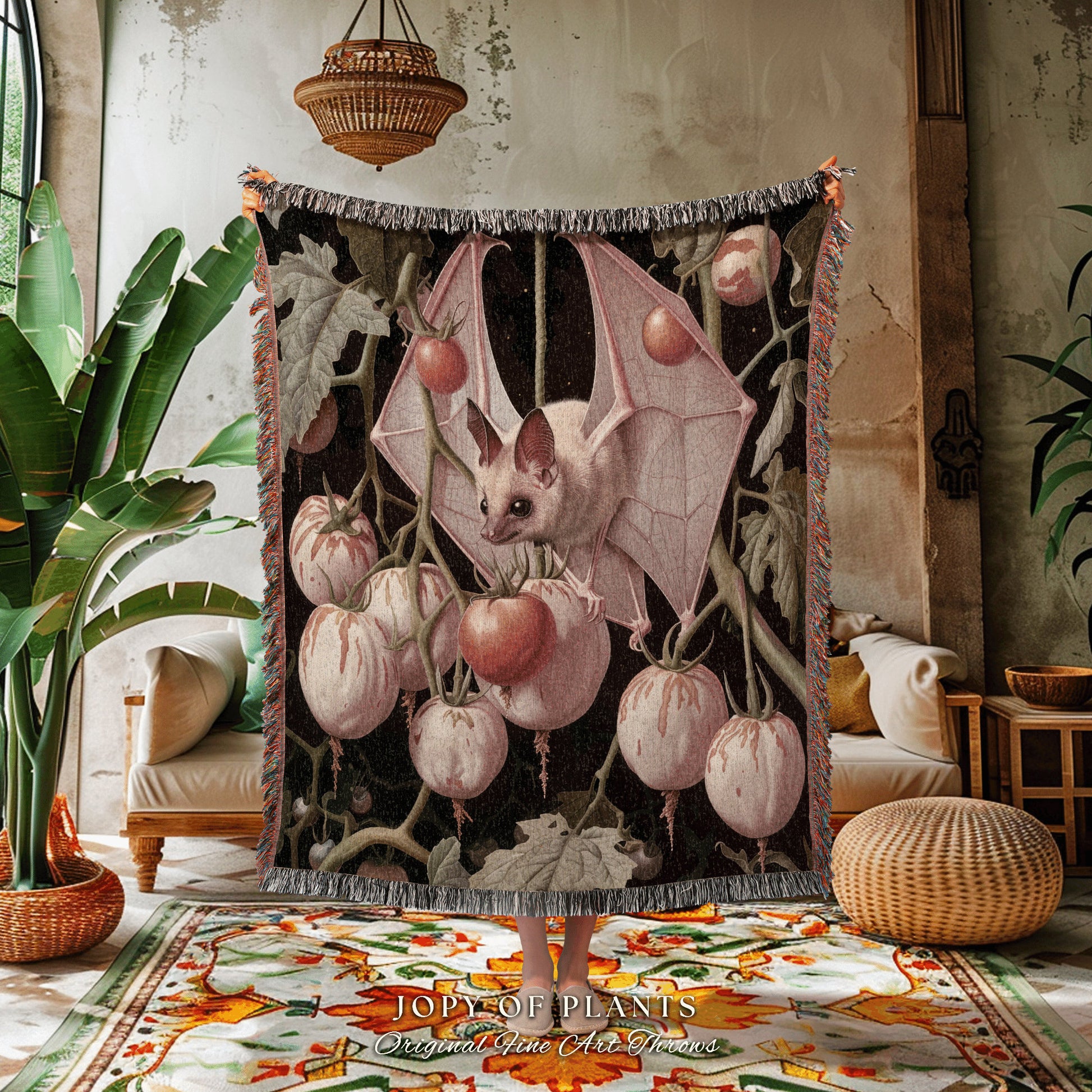 Pink Bat Gothic Blanket | Botanical Bedroom Decor Pastel Pink Tapestry Woven Throw Blanket Whimsigoth Bat Dark Cottagecore Wall Art |