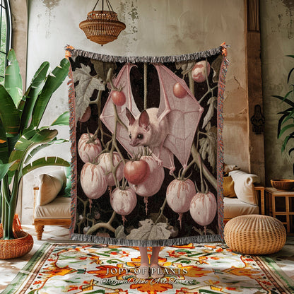 Pink Bat Gothic Blanket | Botanical Bedroom Decor Pastel Pink Tapestry Woven Throw Blanket Whimsigoth Bat Dark Cottagecore Wall Art |