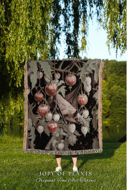 Cozy Botanical Gothic Bat Throw | Pastel Goth Fairy Grunge Bedroom Decor Pink Tapestry Woven Throw Blanket Whimsigoth Fruit Bat Tapestry |