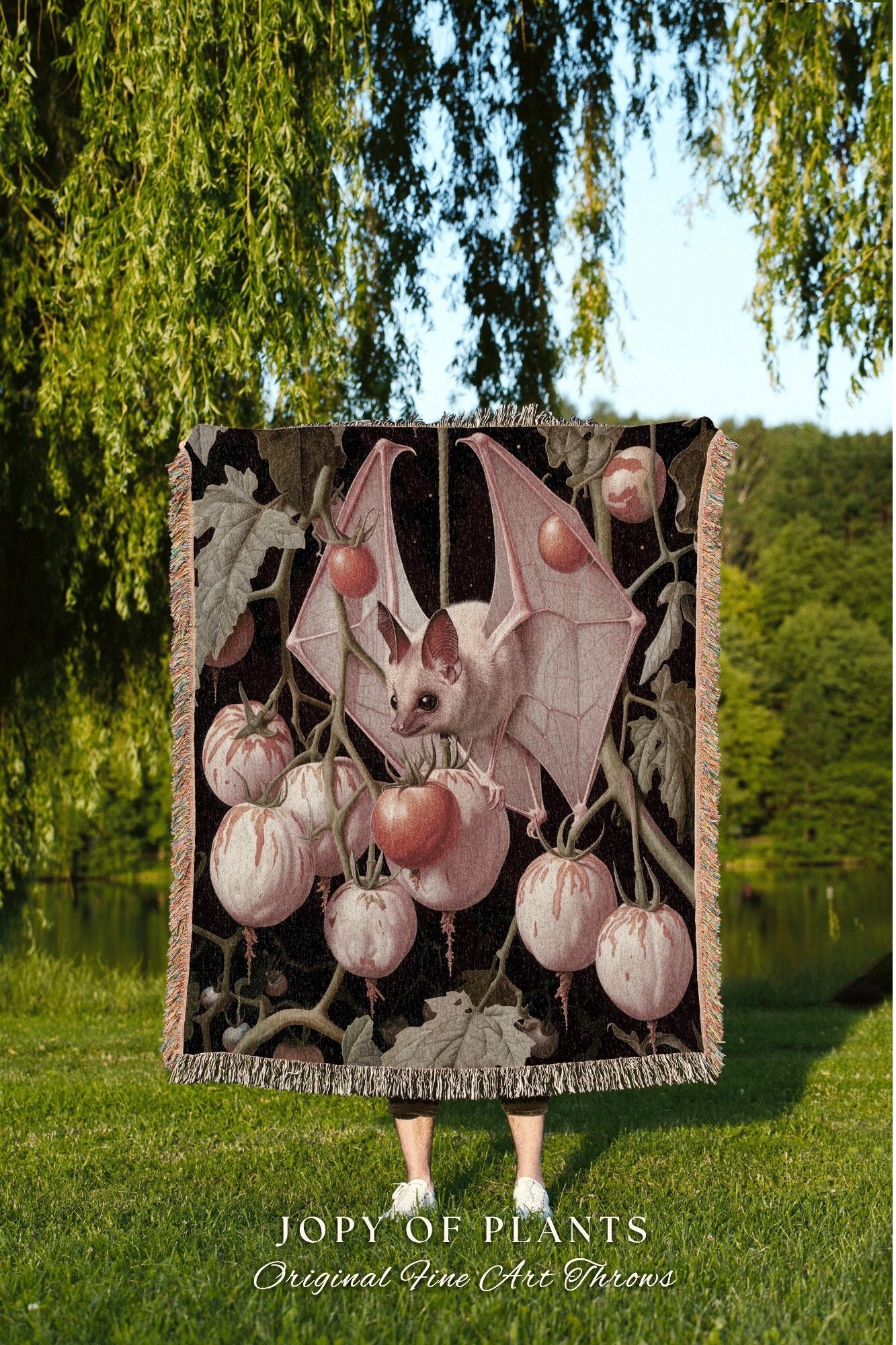 Pink Bat Gothic Blanket | Botanical Bedroom Decor Pastel Pink Tapestry Woven Throw Blanket Whimsigoth Bat Dark Cottagecore Wall Art |