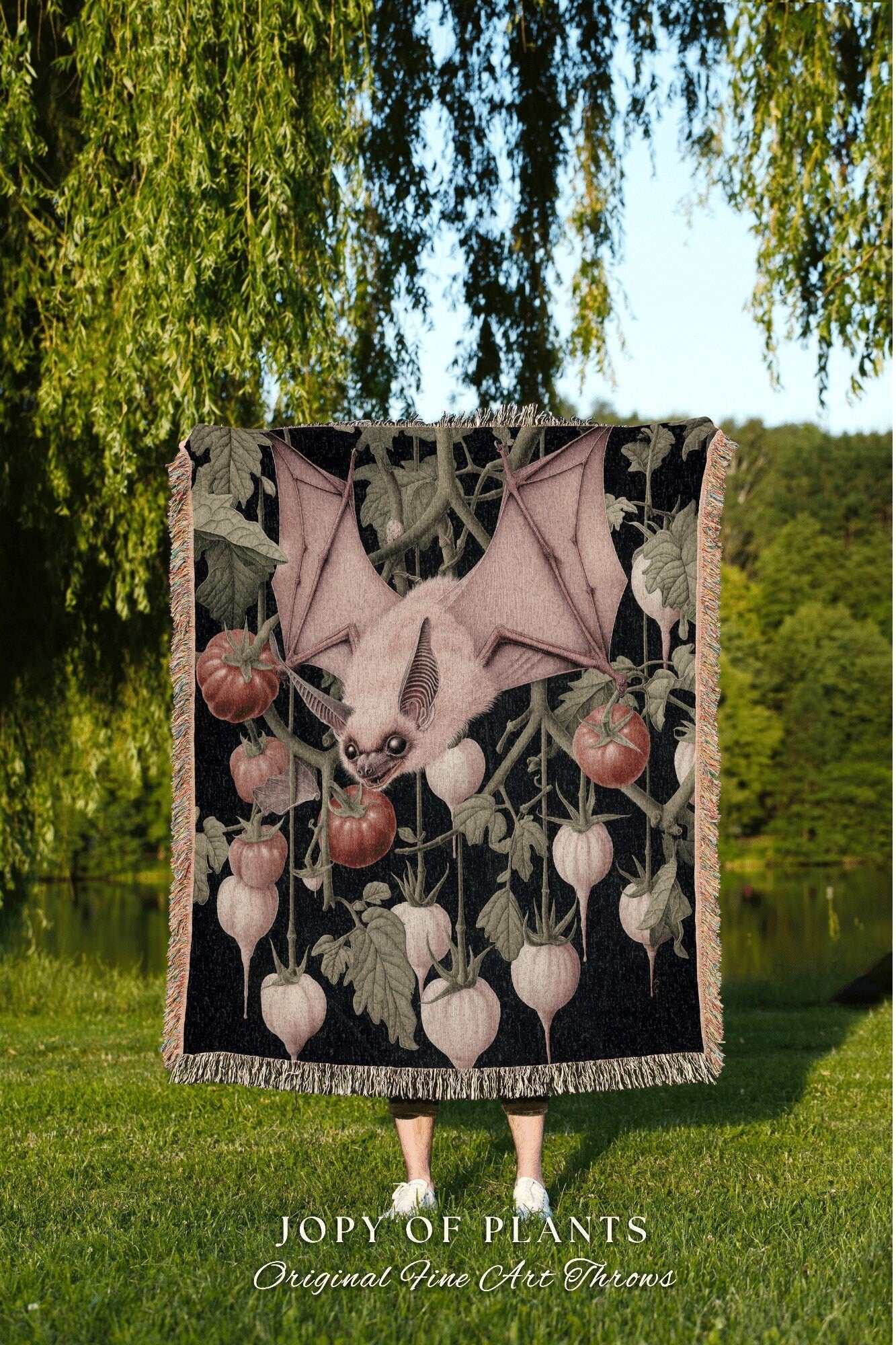 Whimsy Botanical Bat Woven Throw | Pastel Goth Cute Bedroom Decor Pink Tapestry Woven Throw Blanket Whimsigoth Bat Dark Cottagecore Tapestry