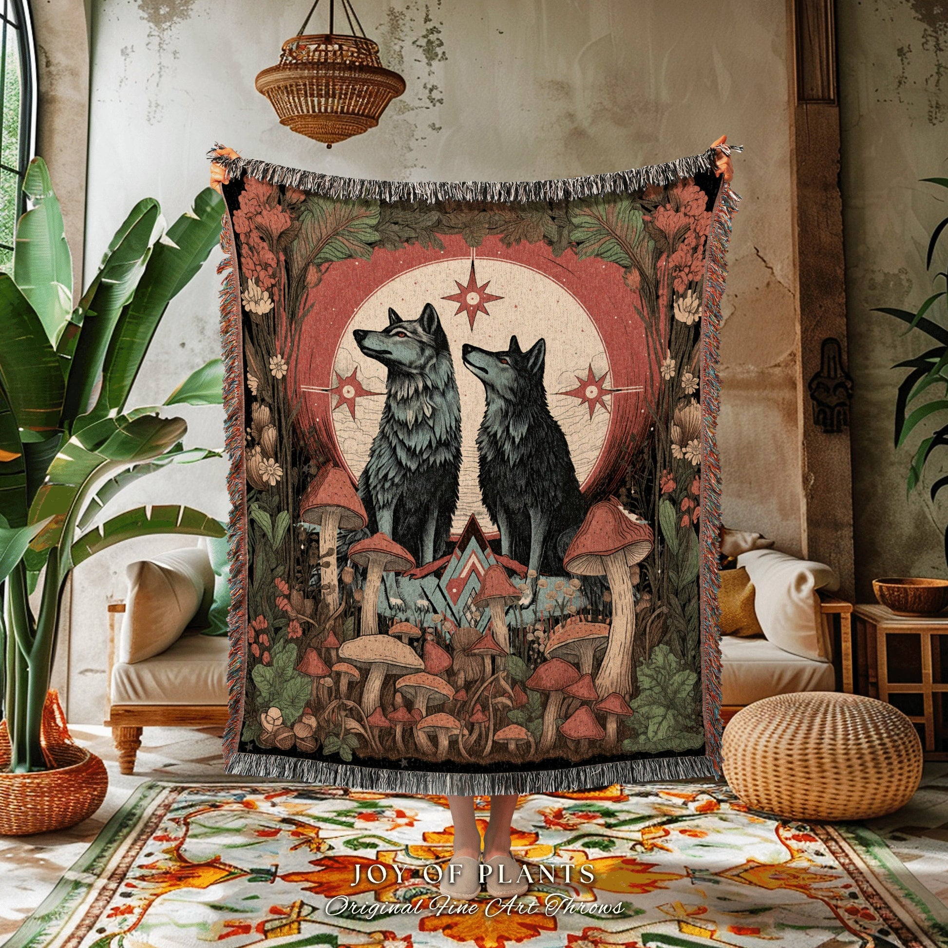 Mystical Wolf Tapestry Blanket | Cottagecore Gift for Wolf Lover Nordic Aesthetic Nordic Blanket Medieval Style Nordic Throw Mushroomcore