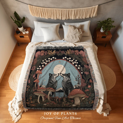 Mushroom Aesthetic Wolf Blanket | Outdoorsy Gift Wolf Couple Nordic Blanket Medieval Aesthetic Cottagecore Tarot Throw Unique Tapestry