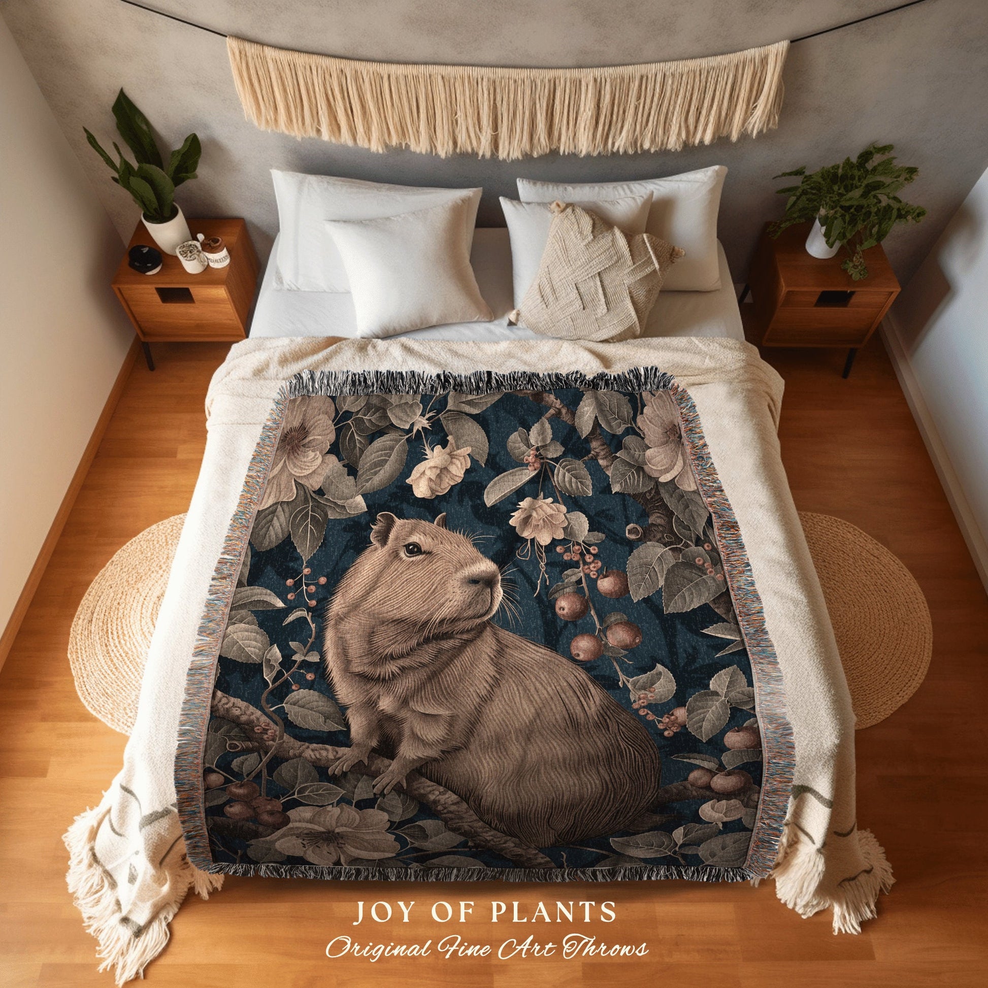 Cute Capybara Floral Woven Blanket | Pastel Aesthetic Whimsical Tapestry Woven Mystical Book Nook Gift for Reader Cute Woodland Throw Cozy