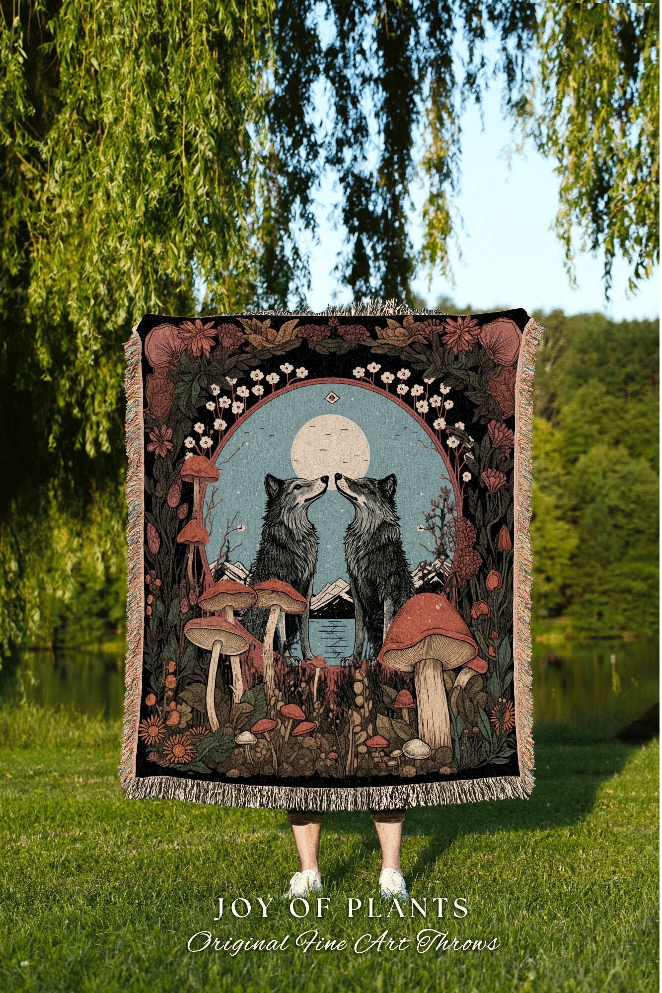 Mushroom Aesthetic Wolf Blanket | Outdoorsy Gift Wolf Couple Nordic Blanket Medieval Aesthetic Cottagecore Tarot Throw Unique Tapestry