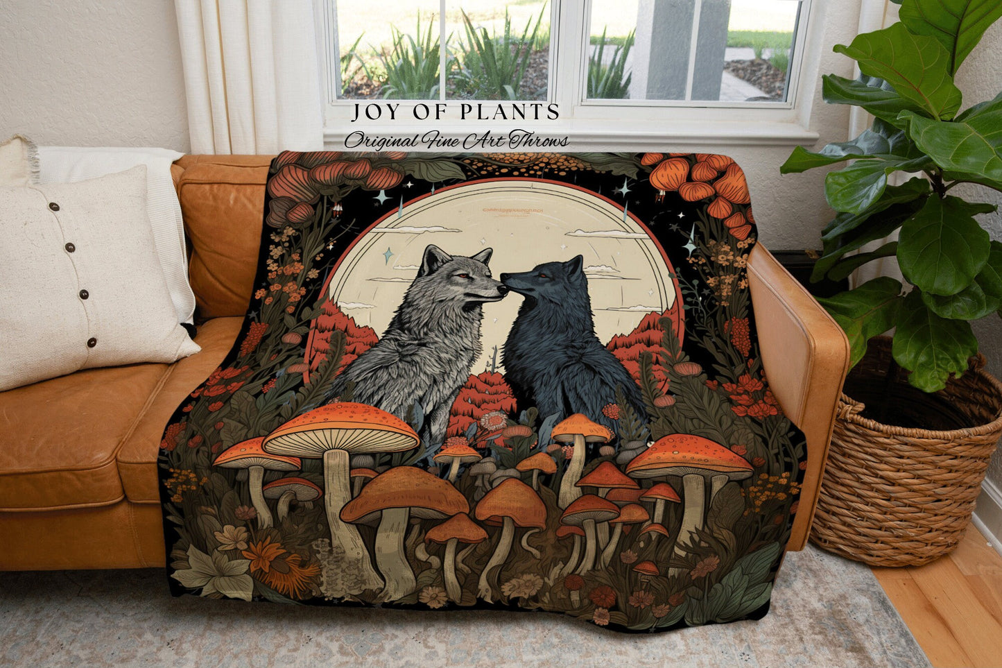 Wolf Couple Mushroom Throw Blanket | Cottagecore Gift for Wolf Lover Nordic Aesthetic Nordic Blanket Medieval Style Nordic Throw Forestcore