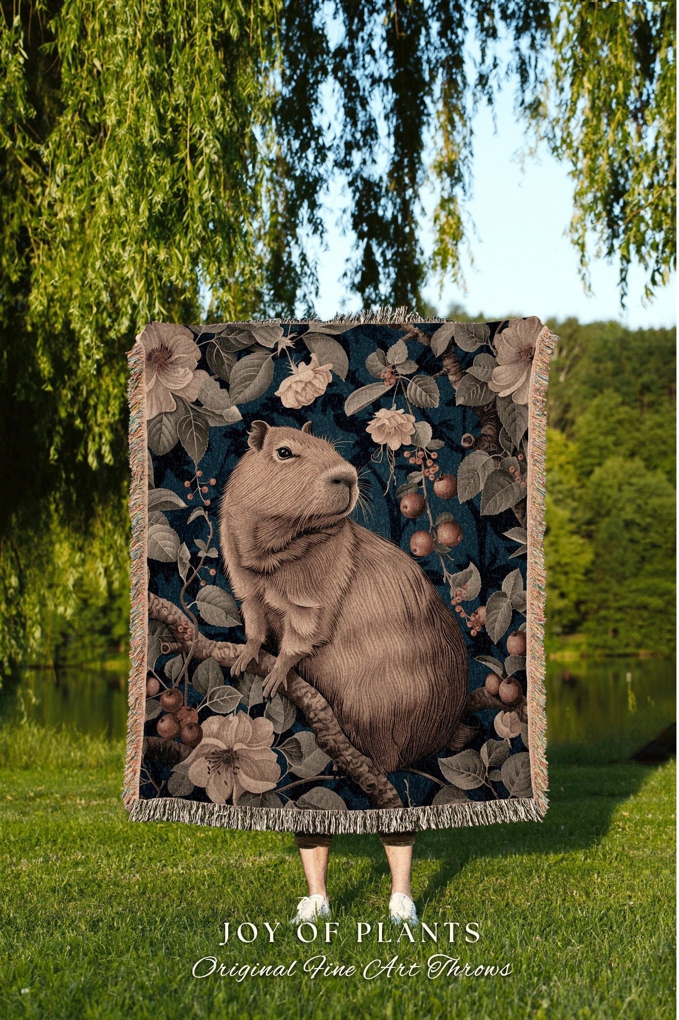 Cute Capybara Floral Woven Blanket | Pastel Aesthetic Whimsical Tapestry Woven Mystical Book Nook Gift for Reader Cute Woodland Throw Cozy