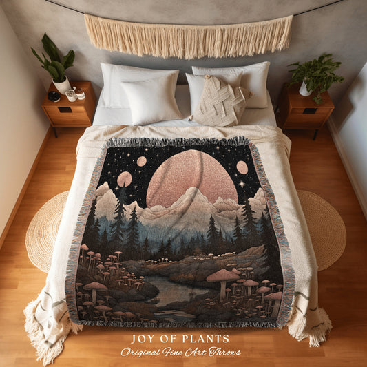 Ethereal Moonscape Woven Throw | Cottagecore Fairytale Blanket Mystical Landscape Room Decor Mushroomcore Whimsical Gift for Mushroom Lover