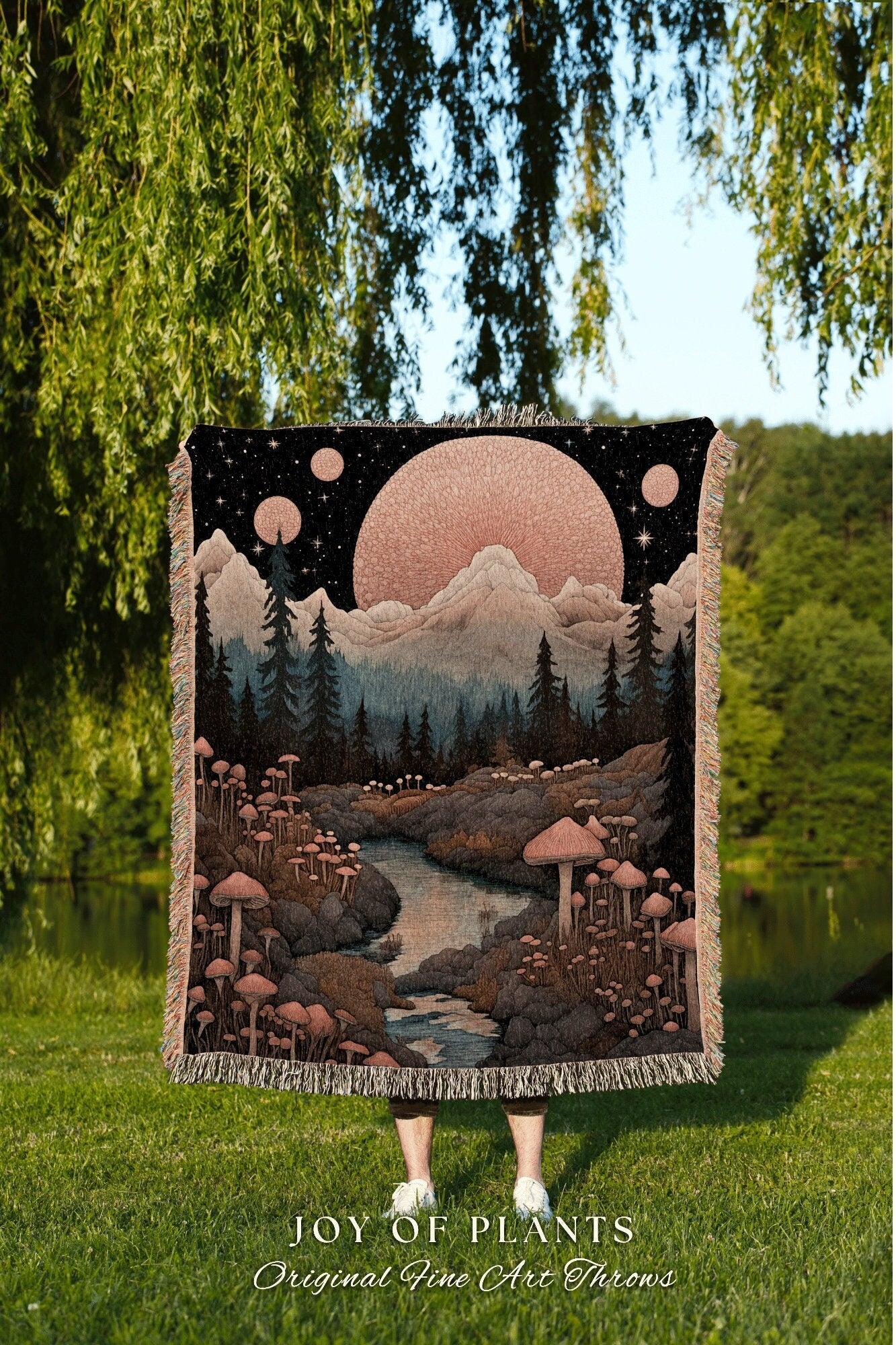 Ethereal Moonscape Woven Throw | Cottagecore Fairytale Blanket Mystical Landscape Room Decor Mushroomcore Whimsical Gift for Mushroom Lover