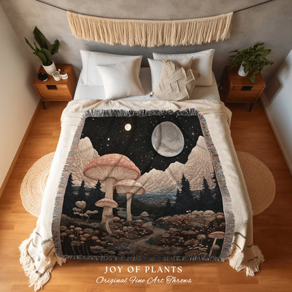 Celestial Mushroom Landscape Tapestry | Cottagecore Fairytale Blanket Mystical Room Decor Mushroomcore Whimsical Gift for Mushroom Lover