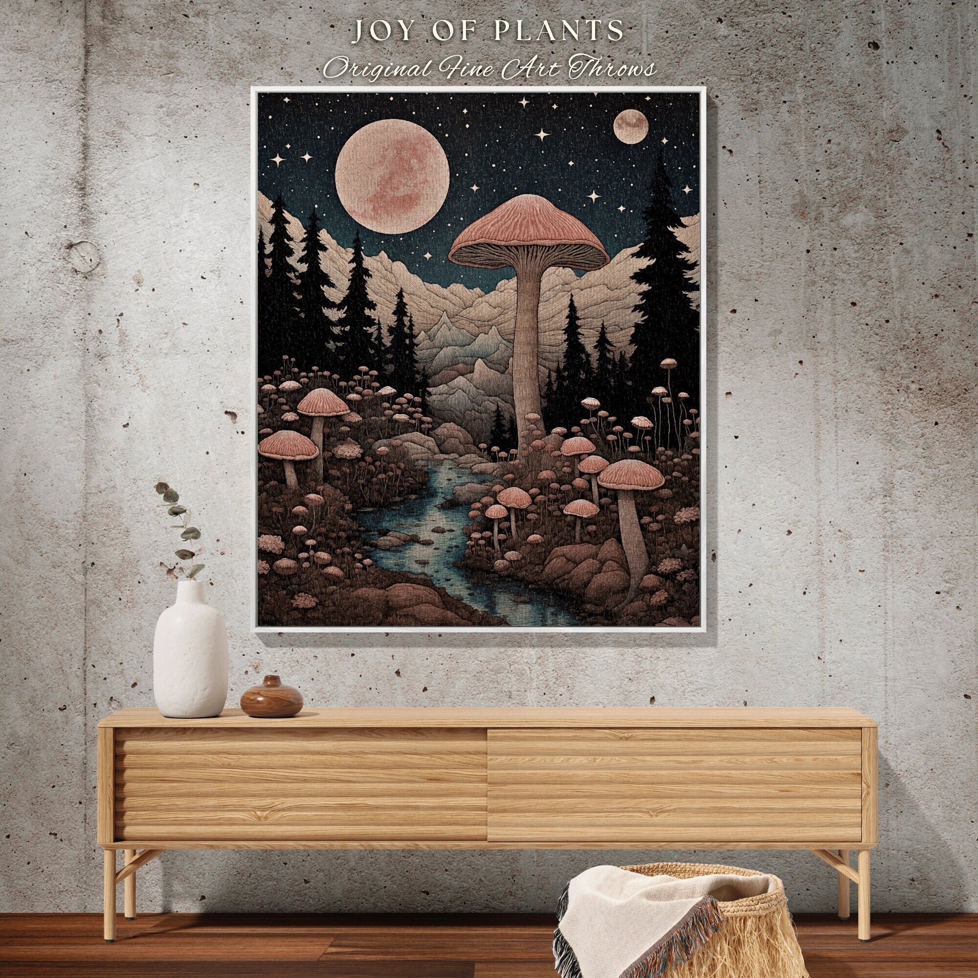 Fairytale Fungi Woven Tapestry | Cottagecore Folklore Blanket Ethereal Room Decor Celestial Throw Whimsical Gift for Mushroom Lover Wall Art