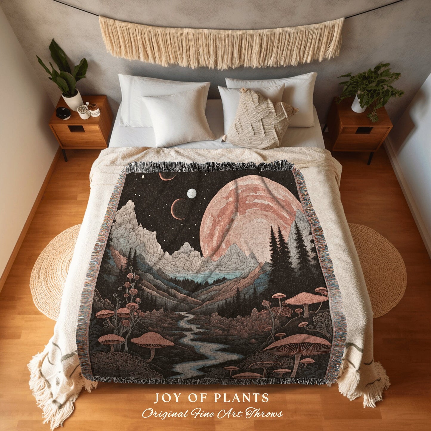 Cozy Throw Blanket Mystic Landscape | Ethereal Aesthetic Art Folklore Blanket Bedroom Decor Celestial Throw Whimsigoth Mushroom Lover Gift