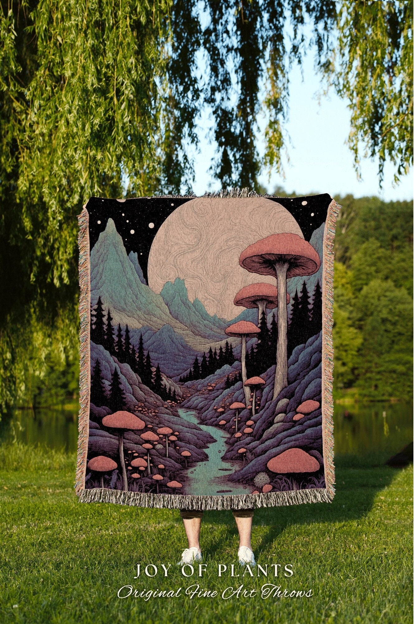 Retro Mushroom Woven Throw Blanket | Cottagecore Folklore Blanket Ethereal Room Decor Celestial Throw Whimsical Gift for Mushroom Tapestry |