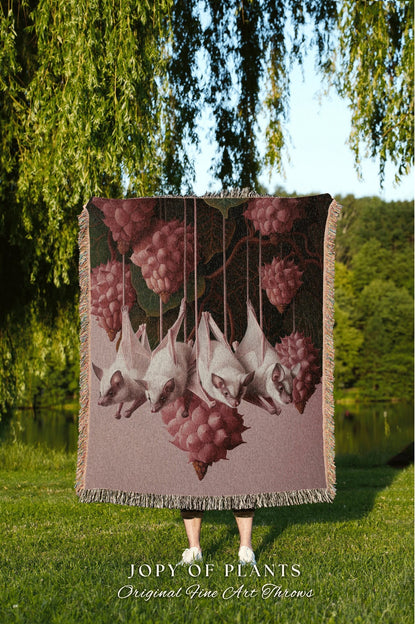 Pastel Gothic Bat Tapestry Woven | Dark Academia Bedroom Decor Pink Tapestry Woven Throw Blanket Whimsigoth Bat Dark Cottagecore Wall Art