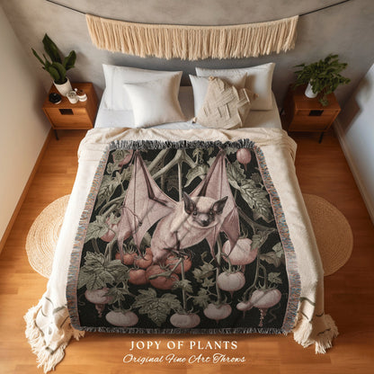 Dark Botanical Fruit Bat Woven Blanket | Gothic Bedroom Decor Pink Tapestry Woven Throw Blanket Whimsigoth Bat Dark Cottagecore Wall Art |