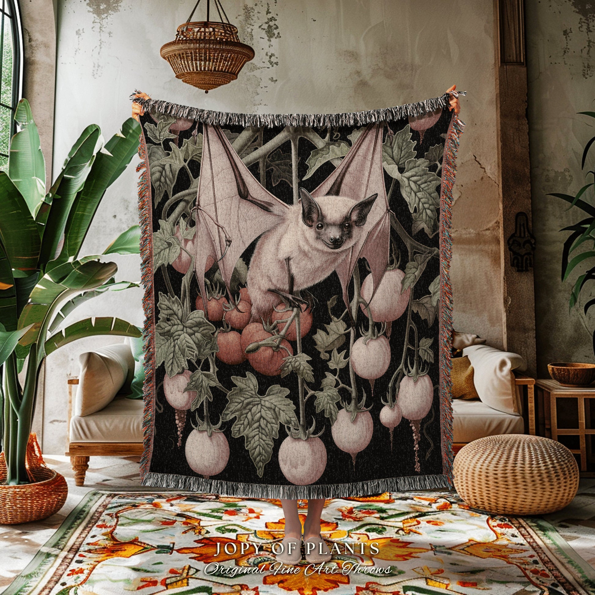 Dark Botanical Fruit Bat Woven Blanket | Gothic Bedroom Decor Pink Tapestry Woven Throw Blanket Whimsigoth Bat Dark Cottagecore Wall Art |