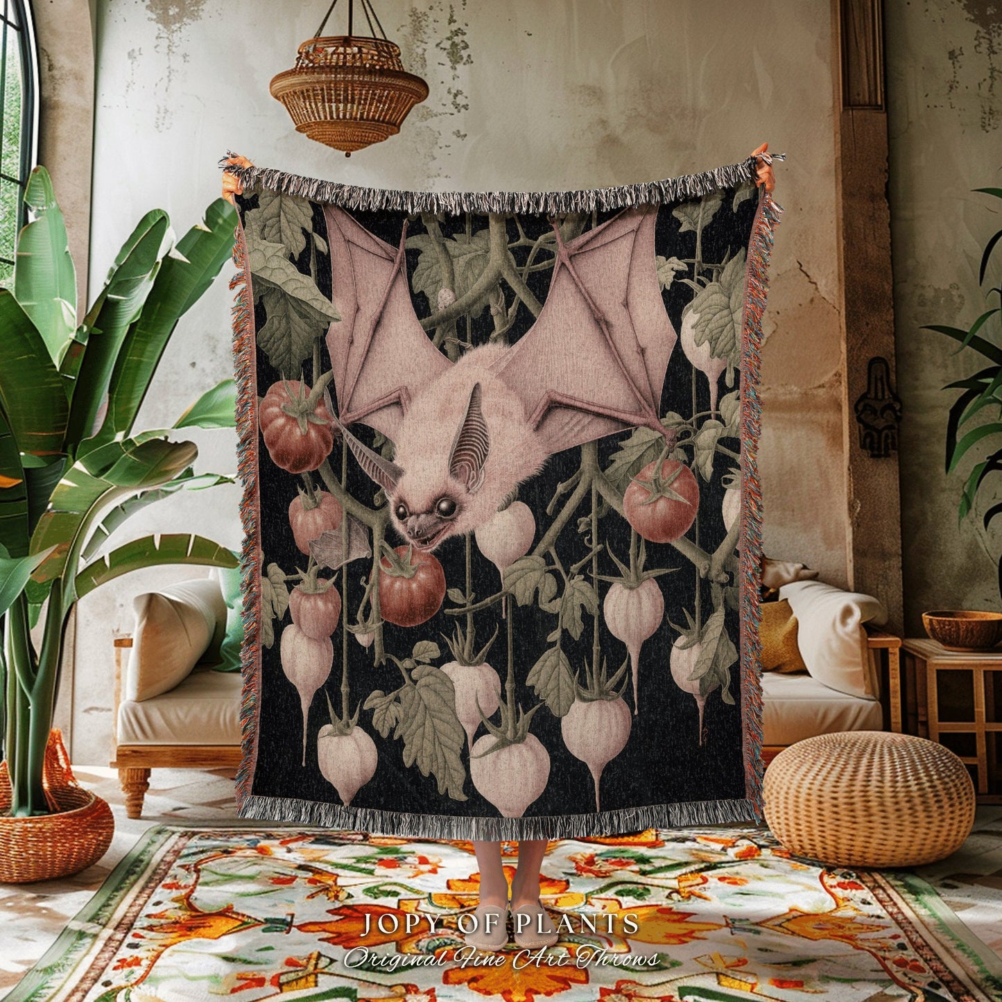 Whimsy Botanical Bat Woven Throw | Pastel Goth Cute Bedroom Decor Pink Tapestry Woven Throw Blanket Whimsigoth Bat Dark Cottagecore Tapestry