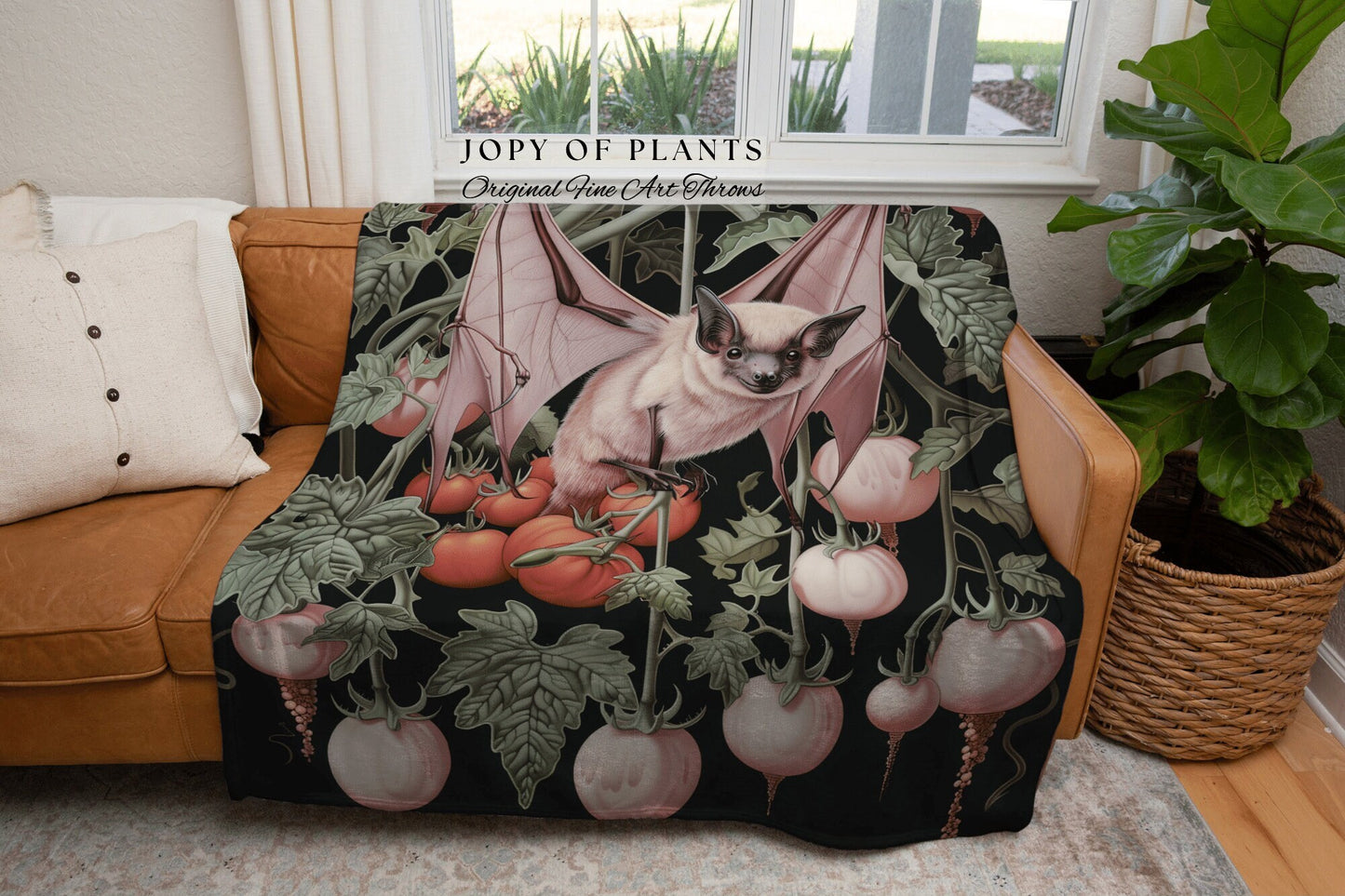 Dark Botanical Fruit Bat Woven Blanket | Gothic Bedroom Decor Pink Tapestry Woven Throw Blanket Whimsigoth Bat Dark Cottagecore Wall Art |