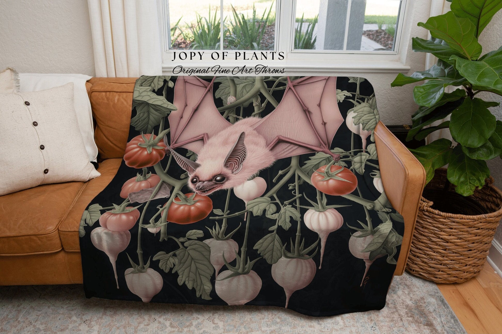 Whimsy Botanical Bat Woven Throw | Pastel Goth Cute Bedroom Decor Pink Tapestry Woven Throw Blanket Whimsigoth Bat Dark Cottagecore Tapestry