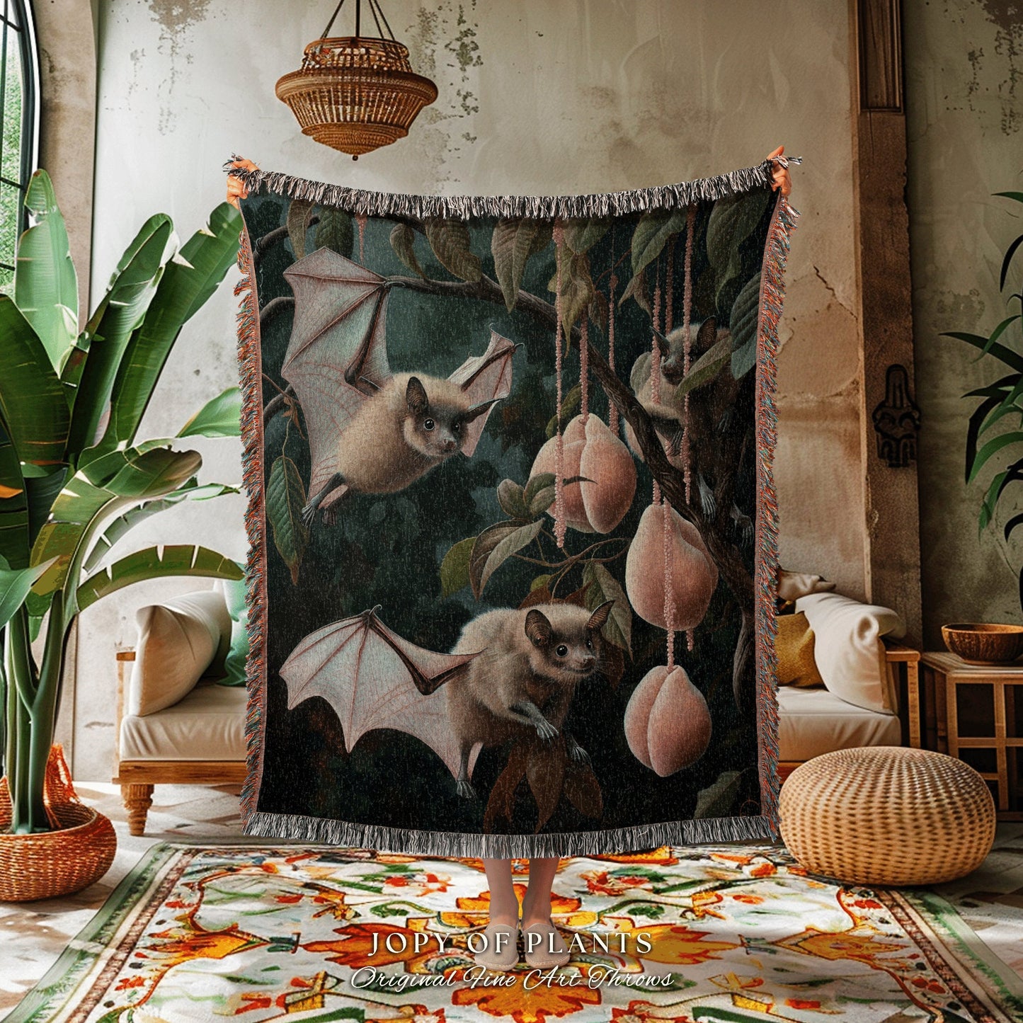 Moody Grunge Bat Blanket Woven | Mystical Aesthetic Goth Fairy Grunge Bedroom Decor Pink Tapestry Woven Throw Blanket Whimsigoth Fruit Bat |