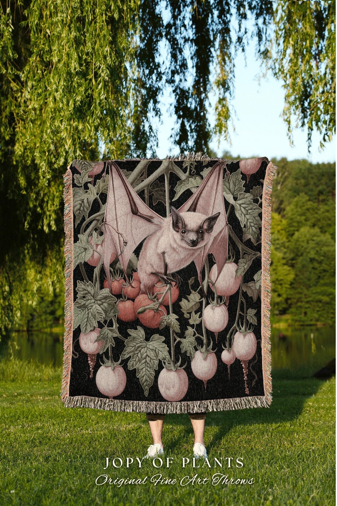 Dark Botanical Fruit Bat Woven Blanket | Gothic Bedroom Decor Pink Tapestry Woven Throw Blanket Whimsigoth Bat Dark Cottagecore Wall Art |