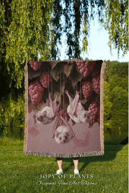 Light Academia Pink Bat Blanket | Gothic Bedroom Decor Pink Tapestry Woven Throw Blanket Whimsigoth Bat Dark Cottagecore Tapestry Whimsical