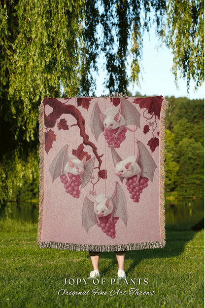 Cute Pink Bat Woven Blanket | Pastel Goth Bedroom Decor Pink Tapestry Woven Throw Blanket Whimsigoth Bat Dark Cottagecore Tapestry Whimsical